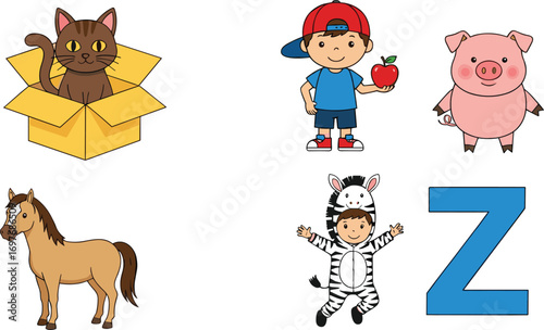 Cartoon animals and children: cat in box, pig, horse, boy with apple, child in zebra costume, letter Z