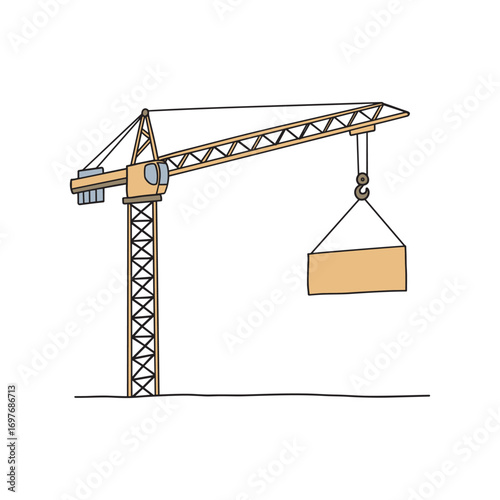 Construction site tower crane lifting concrete block – stock vector flat illustration