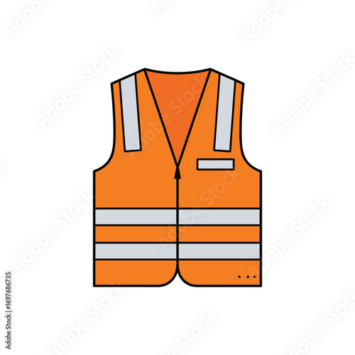 Safety orange high-visibility vest with reflective stripes for construction work – stock vector flat illustration
