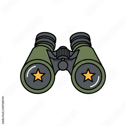 Green binoculars icon with star symbol on lenses for exploration and adventure – stock vector flat illustration
