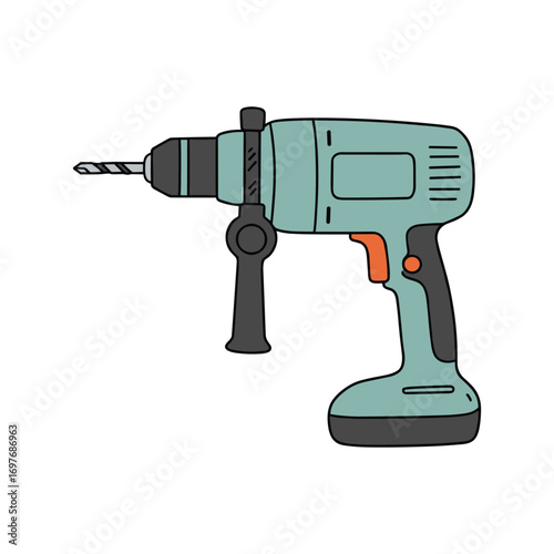 Blue cordless power drill with black handle and orange trigger – stock vector flat illustration