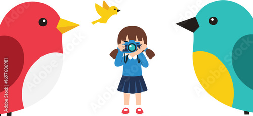 Cartoon Girl Photographing Colorful Birds – Cute Vector Illustration for Kids, Nature Themes, Bird Watching, and Educational Projects