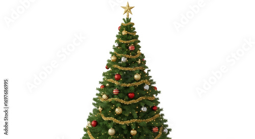 Decorated Christmas tree with star on top isolated PNG with Transparent Background