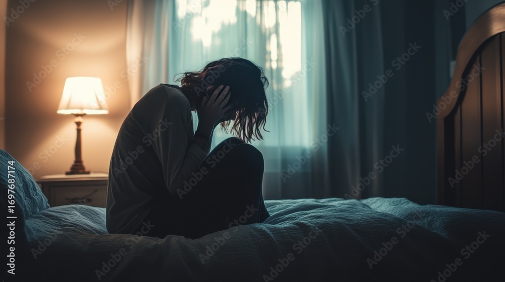 A person sitting alone on the edge of their bed, head down in despair with copy space, dim light from a window, empty room background.