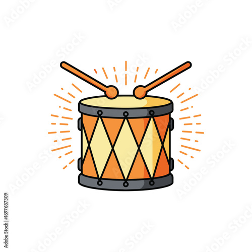 Vibrant drum with drumsticks and sound waves illustration – stock vector flat illustration