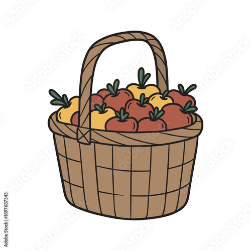 Hand-drawn basket of red and yellow apples – stock vector flat illustration