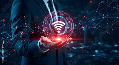 Businessman presents innovative wireless connection technology solution