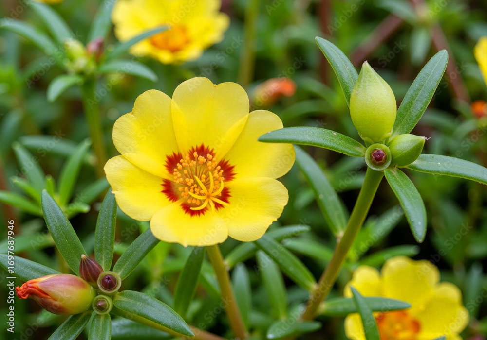 Obraz premium Vibrant Yellow Flower with Reddish Heart in Green Foliage