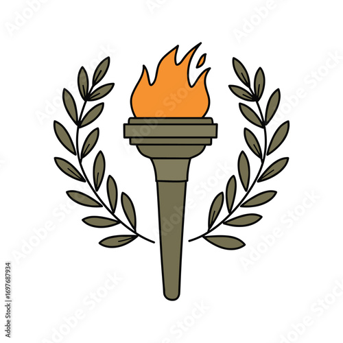 Olympic torch with flame and laurel wreath symbolizing victory and honor – stock vector flat illustration