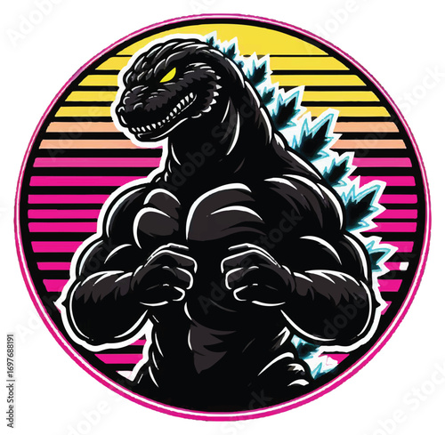 A muscular Godzilla with glowing yellow eyes and blue dorsal fins, depicted in a retro 1980s style with pink and yellow stripes in the background.