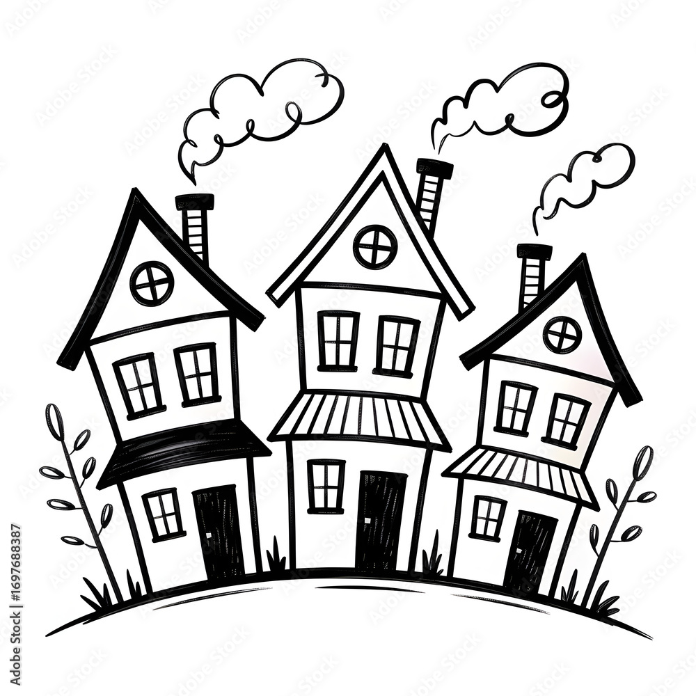 Fototapeta premium Whimsical Cartoon Houses with Smoking Chimneys, Perfect for Storybook Illustrations and Children's Art, Ideal for Creating a Cozy and Playful Scene