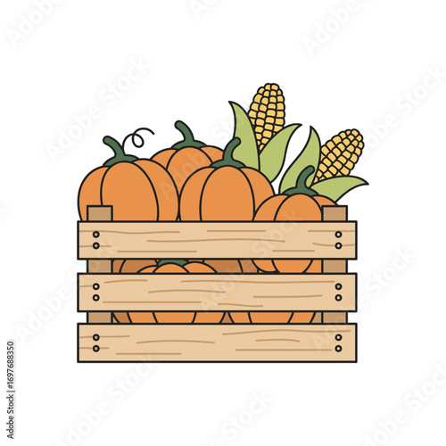 Wooden crate filled with pumpkins and corn ears in harvest illustration – stock vector flat illustration