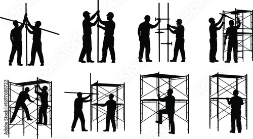 Construction Workers Assembling Scaffolding Silhouettes in Various Poses for Industrial, Safety, Labor, Building, Engineering, and Construction Design Concepts