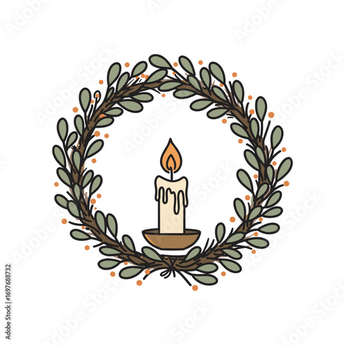 Floral wreath with lit candle - decorative holiday illustration – stock vector flat illustration