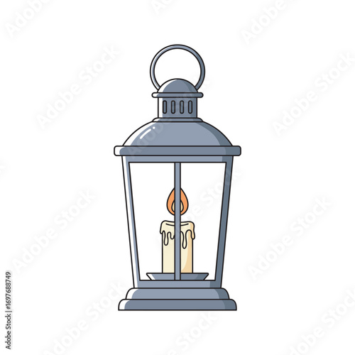 Vintage lantern with lit candle and glass panels – stock vector flat illustration