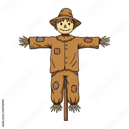 Rustic scarecrow in brown patchwork outfit with straw details – stock vector flat illustration