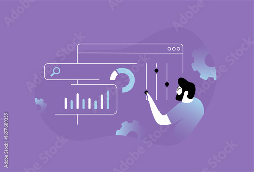 Analytics dashboard interface with charts, sliders and performance metrics in abstract digital style for business analytics intelligence and UI design. Modern flat gradient linear vector illustration