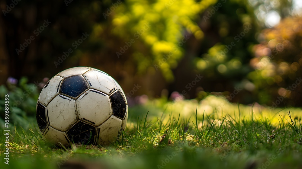 Fototapeta premium Soccer ball on green grass in the garden with bokeh background.