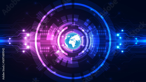 Futuristic Digital Globe with Neon Circuit Technology and Abstract Virtual Network Background in Blue and Purple
