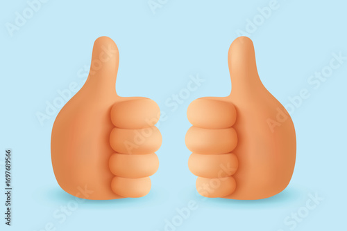 3D Thumbs Up Emoji, Double Like Hand Gesture on Blue Background