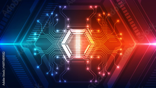 Futuristic Circuit Board with Glowing Hexagonal Processor and Neon Light Connections in Blue and Orange Technology Background