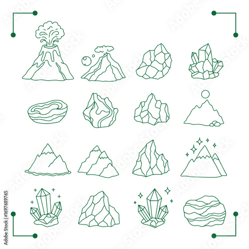Collection of geological elements and natural formations in outline style.