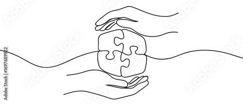 Continuous vector line of hands doing jigsaw puzzle. Cooperation, success, financial business illustration. Line art. Editable stroke.