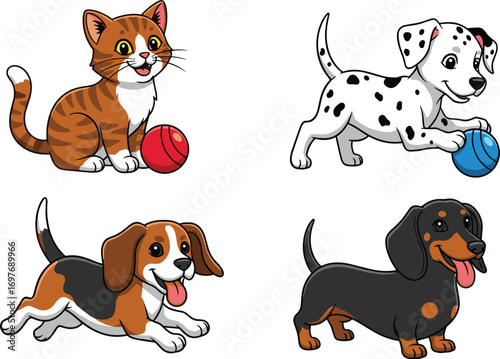 Cute cartoon cat and playful puppies with colorful balls, fun pet animals vector illustration for kids and animal lovers