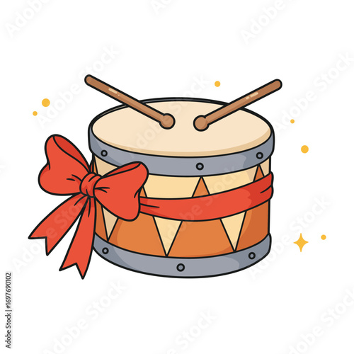 Decorative drum with red bow and wooden drumsticks – stock vector flat illustration