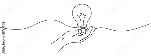 Continuous vector line of idea light bulb on palm. Business illustration. Line art. Editable stroke.