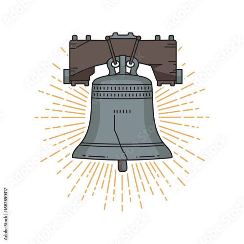 Illustration of historic liberty bell with radiating lines symbolizing freedom – stock vector flat illustration