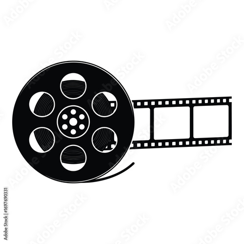 Vintage film reel and strip icon symbolizing cinema and movie production vector