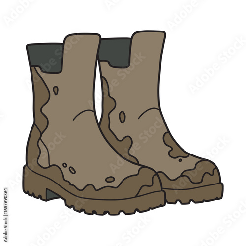 Brown muddy boots with patterned design – stock vector flat illustration