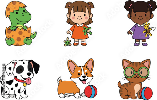 Cute cartoon kids, pets, and dinosaur characters with toys and colorful outfits, perfect for nursery decor, learning, and playtime themes.