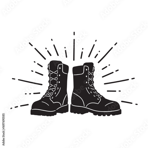 Black combat boots with laces and decorative lines – stock vector flat illustration