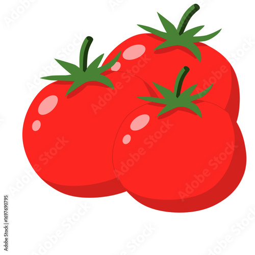 Three cartoon tomatoes with green stems and leaves.