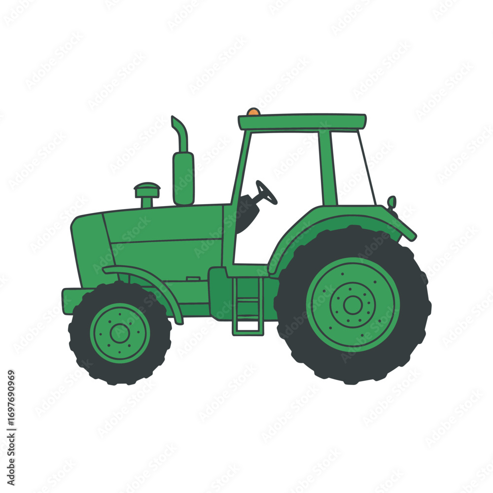 Obraz premium Green farm tractor illustration with large wheels and exhaust pipe – stock vector flat illustration