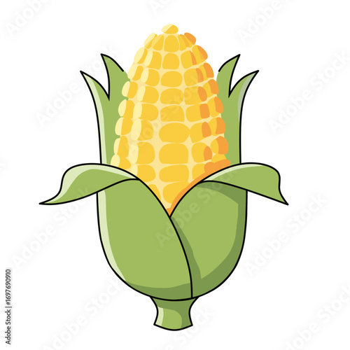 A vibrant cartoon illustration of a fresh ear of corn with its green husk partially peeled back to reveal golden yellow kernels.
