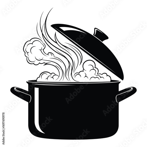Black cooking pot steaming vigorously with lid slightly ajar showing bubbling contents vector