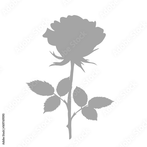 Silhouette of a single rose with leaves and stem.