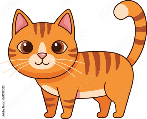Cute orange tabby cat cartoon illustration, smiling kitty with big eyes, playful pet, striped fur, adorable animal character design