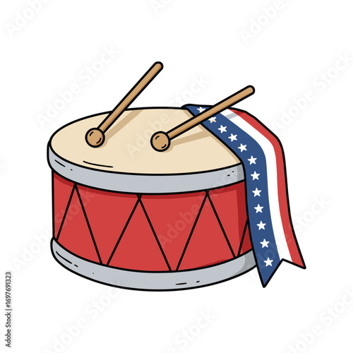 Red drum with drumsticks and patriotic ribbon featuring stars and stripes – stock vector flat illustration