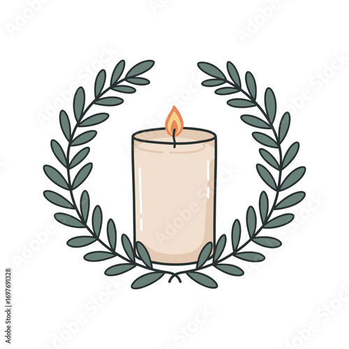 Elegant candle with laurel leaves – stock vector flat illustration