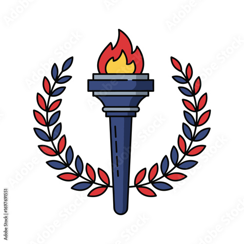 Olympic torch emblem with red and blue laurel wreath – stock vector flat illustration