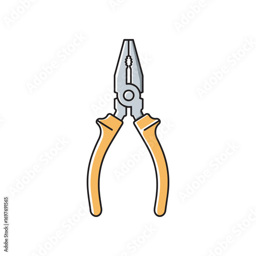 Yellow handled steel pliers with wire cutting feature – stock vector flat illustration