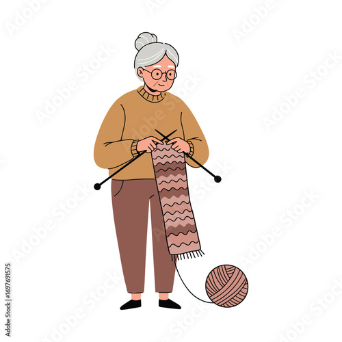 Elderly caucasian female knitting yarn with needles – stock vector flat illustration