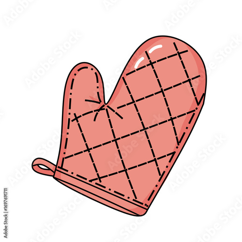 A cartoon illustration of a single pink quilted oven mitt used for cooking and baking.
