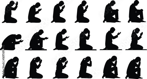 Silhouette of men and women praying or meditating on knees, religious devotion, spiritual humility, worship in quiet reflection