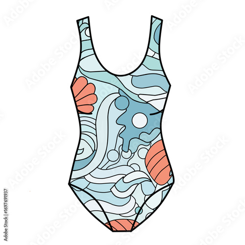 Swimsuit illustration with a colorful, abstract design featuring wavy lines and organic shapes.
