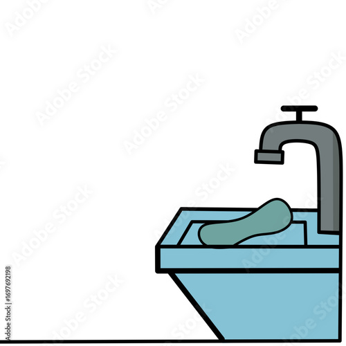 A light teal colored sink with a dark gray faucet and a light teal colored soap dish with a light teal colored bar of soap.